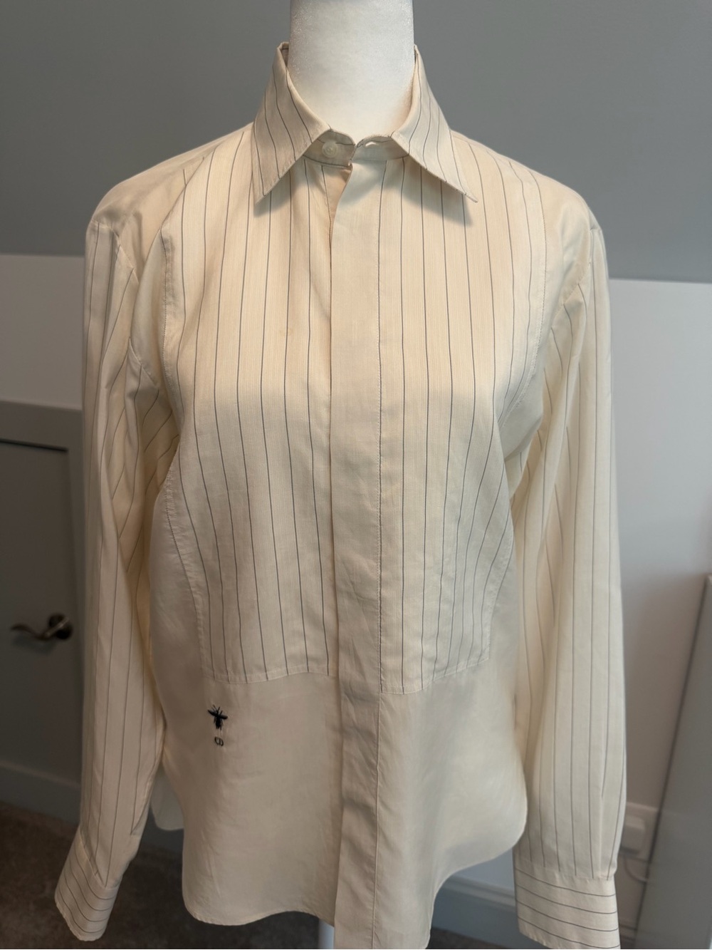 Christian Dior Womens Bee Embroidery Striped Tuxedo Bib Shirt Blouse Cream Sz 4